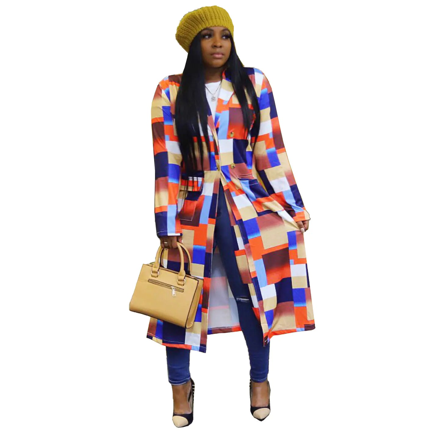 Lapel Windbreaker Jacket for Stylish Outerwear worn by a model with a yellow beanie and handbag.