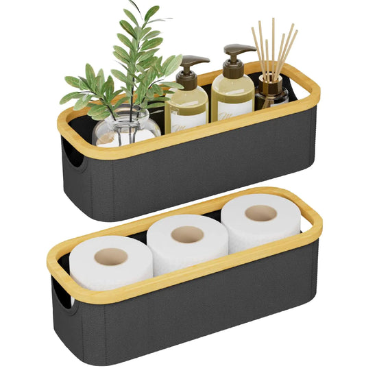 Lifewit Toilet Tank Topper Paper Basket 2 Packs Bamboo Foldable Back of Toilet Organizer Tray with Handles 9.5L Bathroom Fabric Storage Bins for Countertop Shelves Closet Laundry Nursery Black