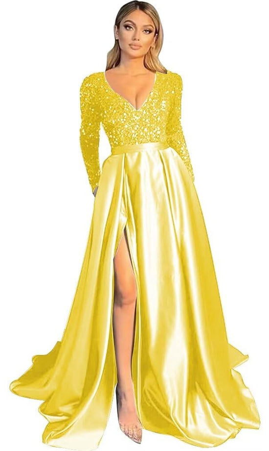 Rjer Long Sleeve Sequin Prom Dresses Satin Ball Gown Slit V Neck Formal Evening Gowns with Pockets Yellow Size 6