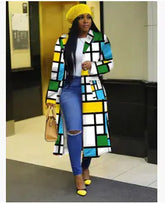 Lapel Windbreaker Jacket for Stylish Outerwear in colorful design worn by a woman with yellow beanie and handbag.