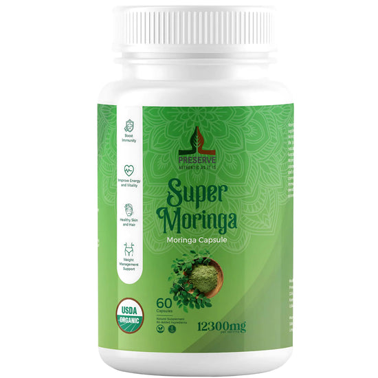 PRESERVE Moringa Oleifera Capsules 12300mg 100% Pure USDA Organic Moringa Leaf Powder Supplement Nutrient-Rich Vegetarian Green Superfood. Non GMO USDA Approved 60 Capsules.