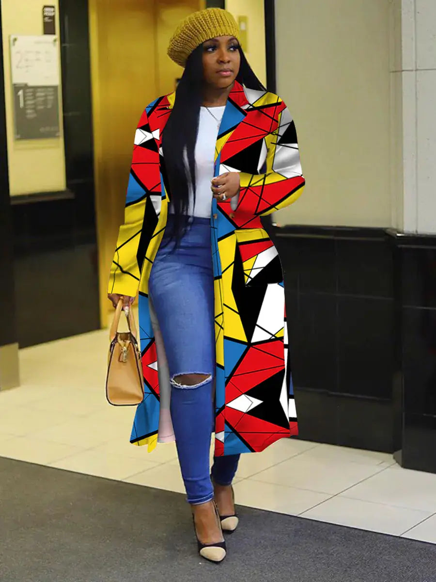 Lapel Windbreaker Jacket for Stylish Outerwear worn by a woman with colorful geometric patterns in a stylish urban setting.