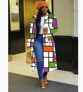 Lapel Windbreaker Jacket for Stylish Outerwear worn with blue jeans and accessories, featuring colorful geometric patterns.