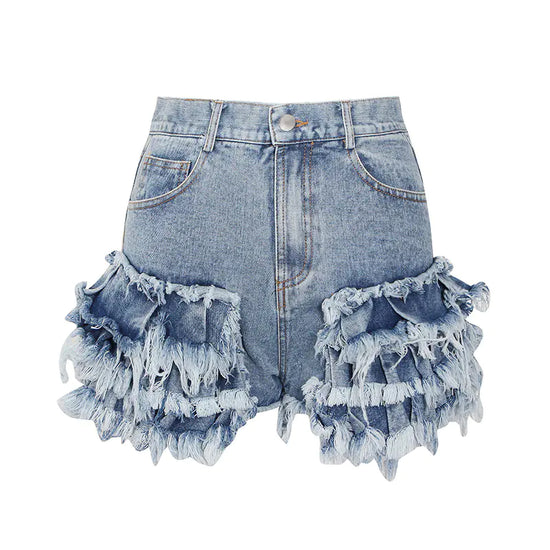 High Waist Fringed Denim Shorts for Women